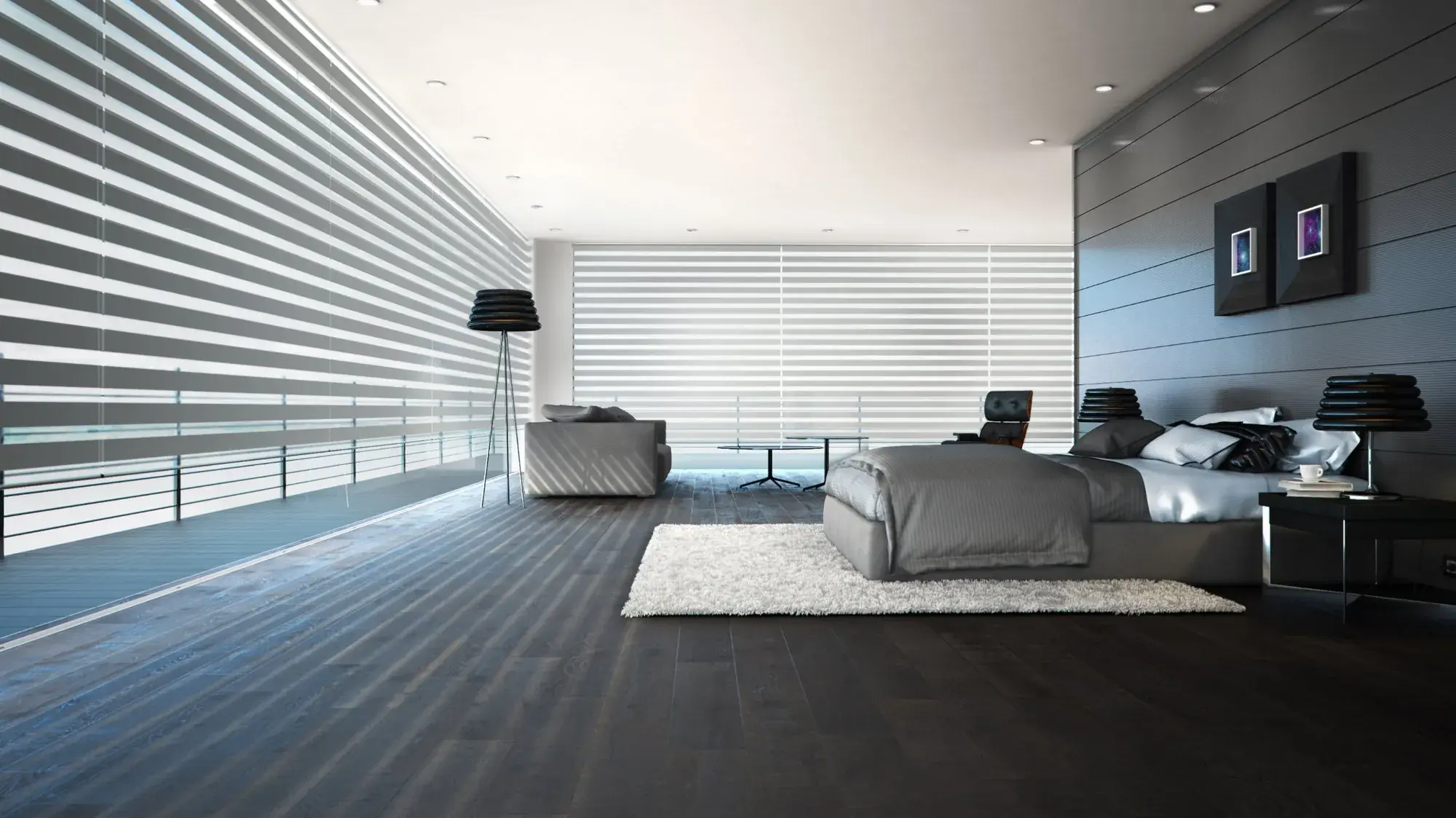 A made-to-measure Day & Night blind fitted in a bedroom setting
