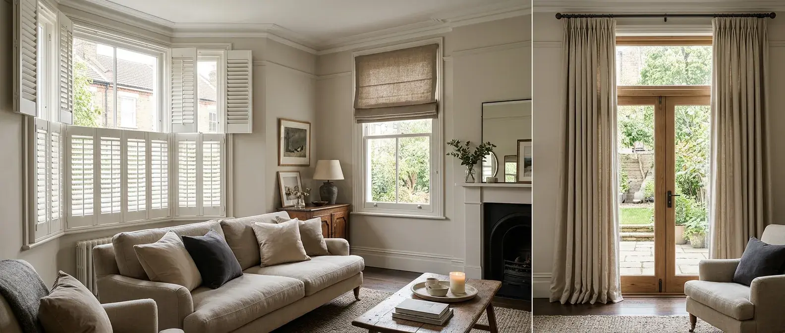 A coordinated room with plantation shutters, Roman blinds, and curtains