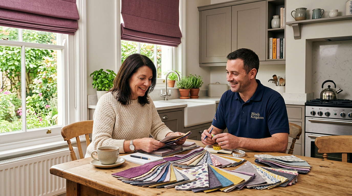 Homeowner browsing fabric samples with a Blinds Kingdom advisor