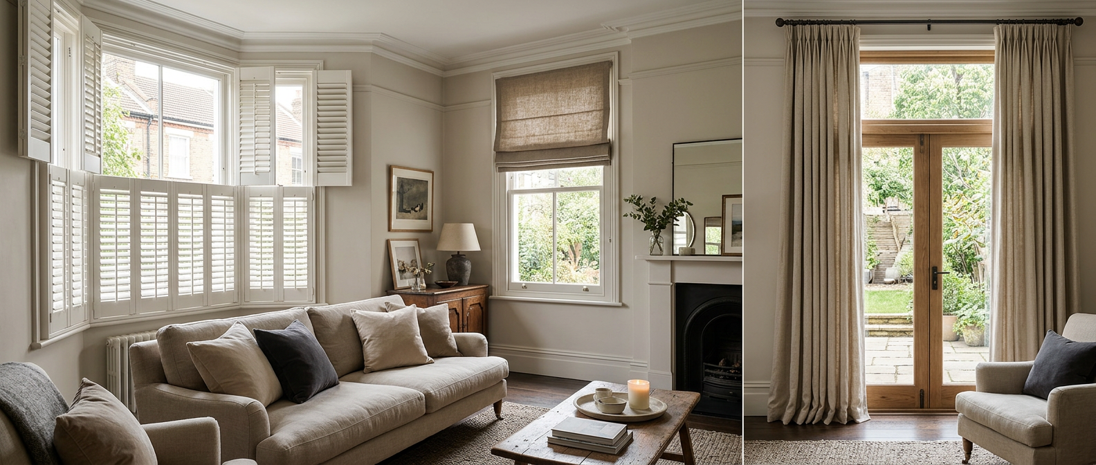 A coordinated room with plantation shutters, Roman blinds, and curtains